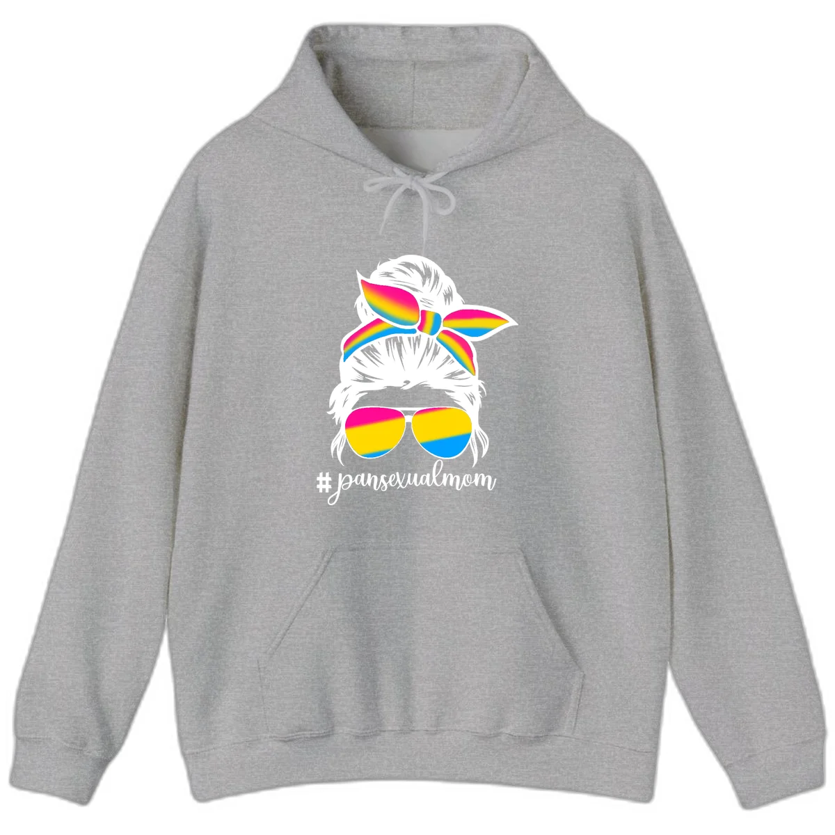 Illustrated pansexual mom pride design featuring a bearded figure with white hair wearing rainbow sunglasses and bow with #pansexualmom hashtag in Sport Grey