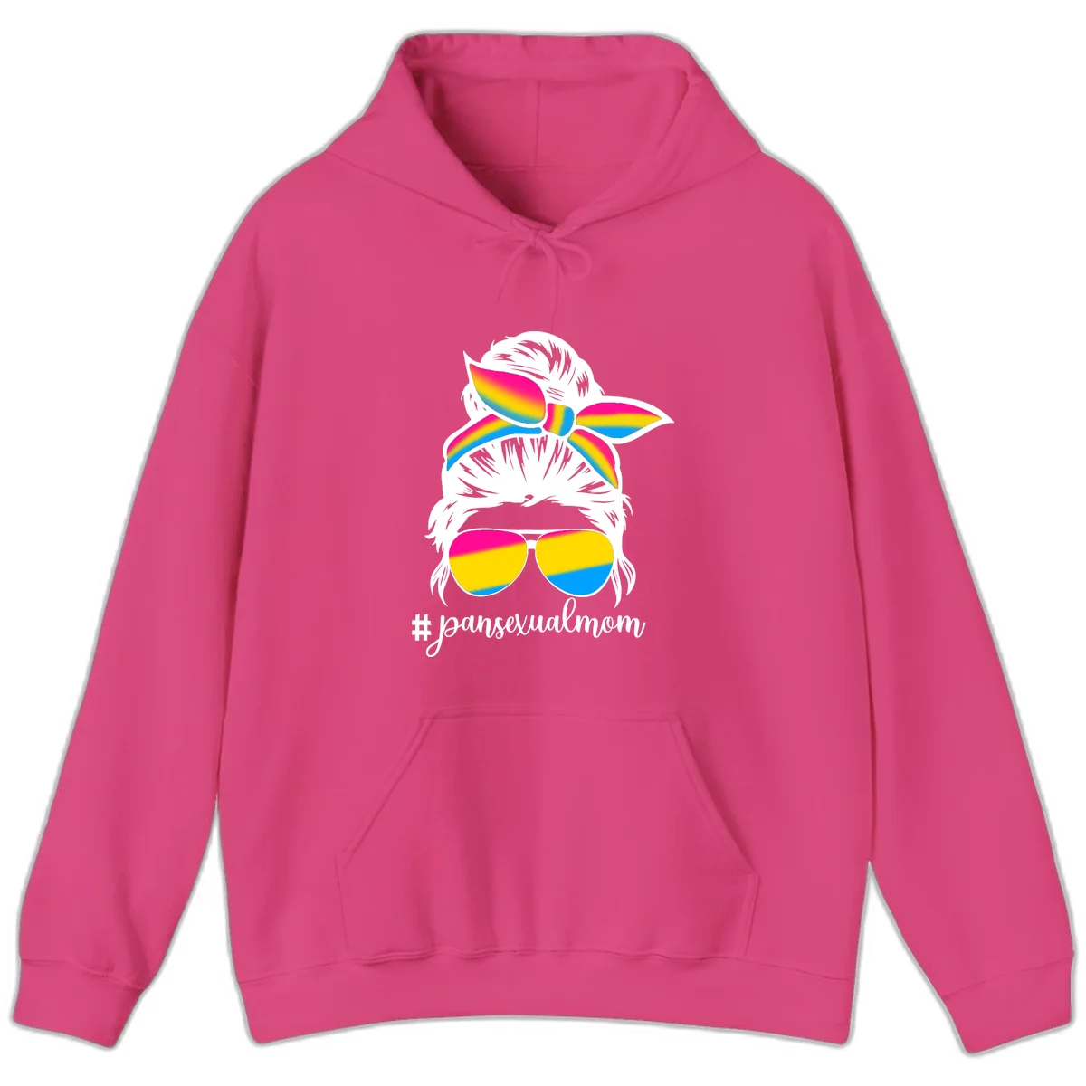 Illustrated pansexual mom pride design featuring a bearded figure with white hair wearing rainbow sunglasses and bow with #pansexualmom hashtag in Heliconia