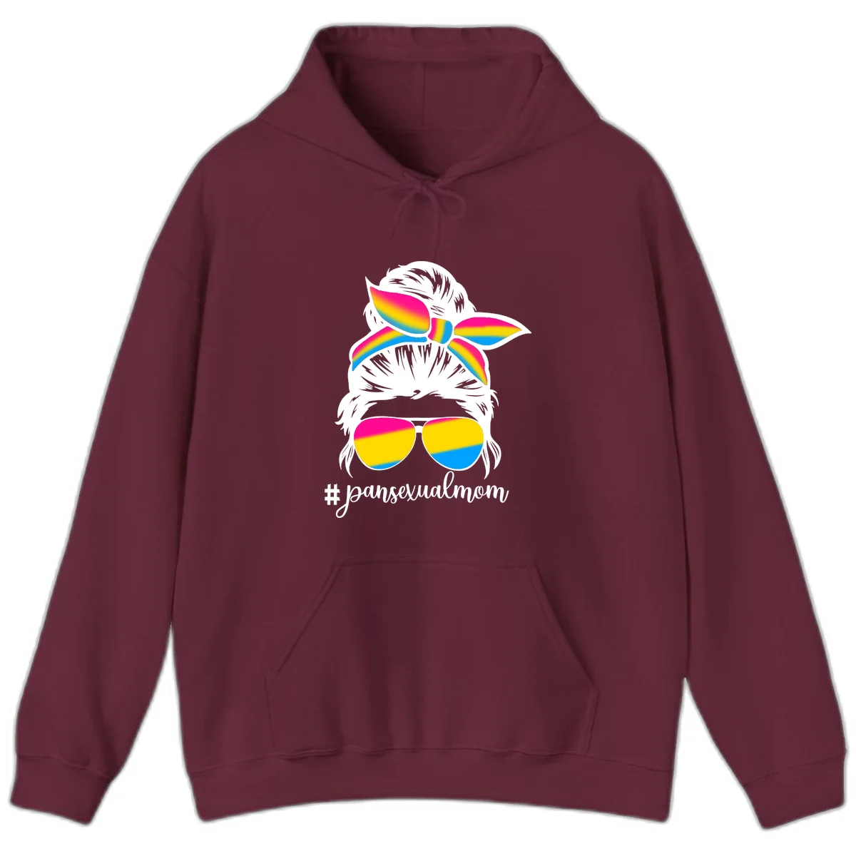 Illustrated pansexual mom pride design featuring a bearded figure with white hair wearing rainbow sunglasses and bow with #pansexualmom hashtag in Maroon