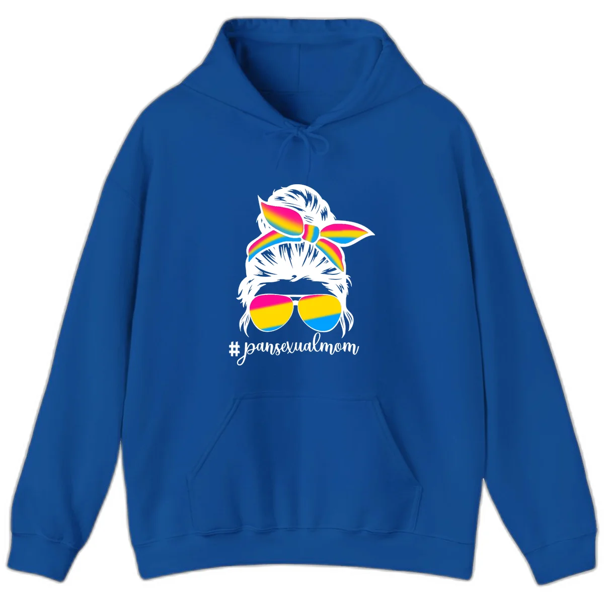 Illustrated pansexual mom pride design featuring a bearded figure with white hair wearing rainbow sunglasses and bow with #pansexualmom hashtag in Royal