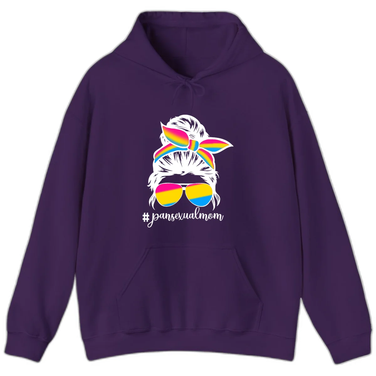 Illustrated pansexual mom pride design featuring a bearded figure with white hair wearing rainbow sunglasses and bow with #pansexualmom hashtag in Purple