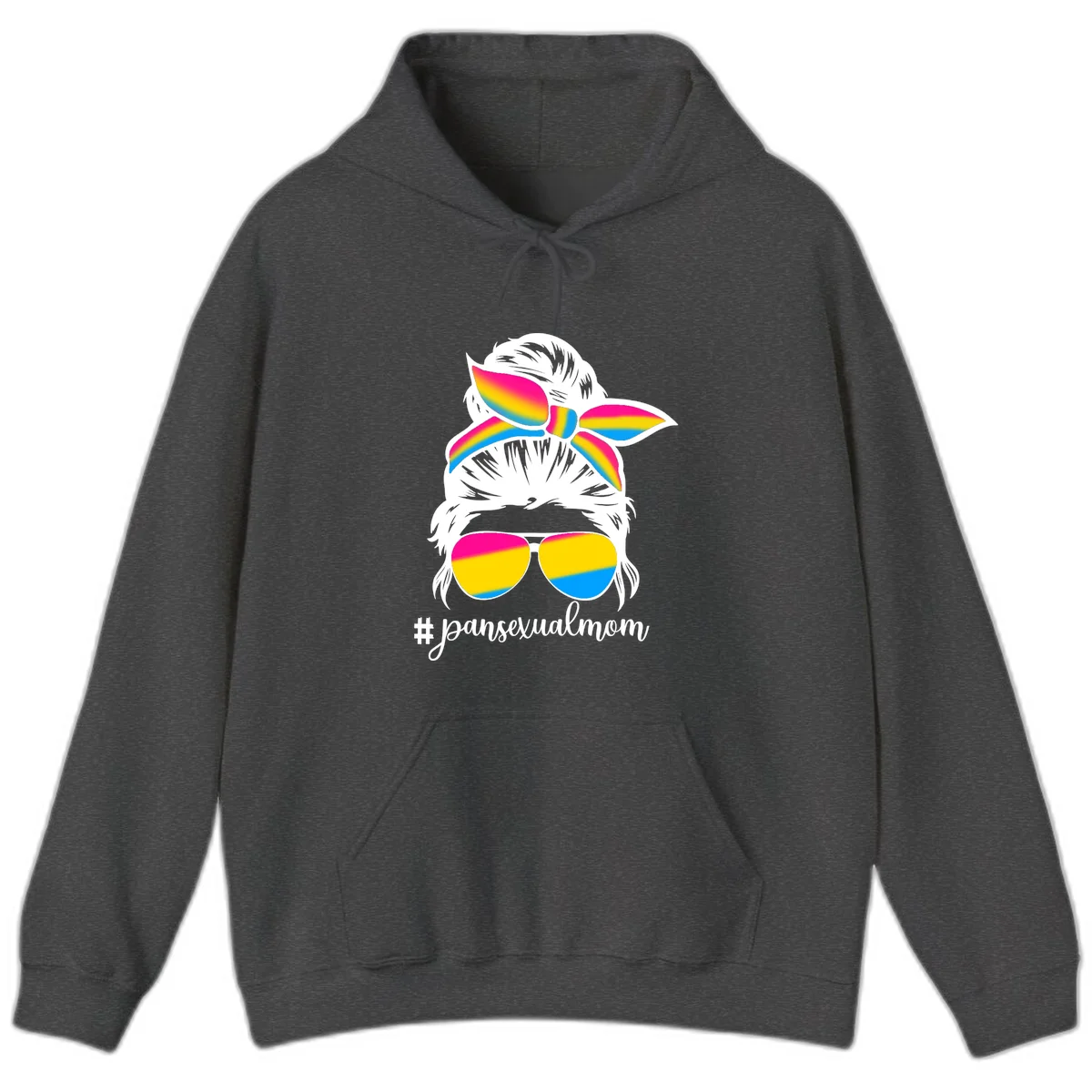 Illustrated pansexual mom pride design featuring a bearded figure with white hair wearing rainbow sunglasses and bow with #pansexualmom hashtag in Dark Heather