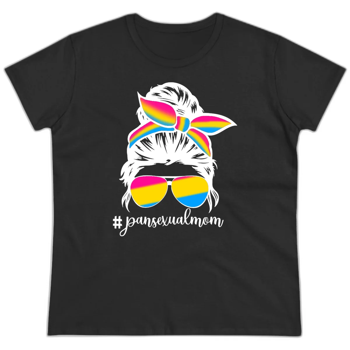Illustrated pansexual mom pride design featuring a bearded figure with white hair wearing rainbow sunglasses and bow with #pansexualmom hashtag in Black