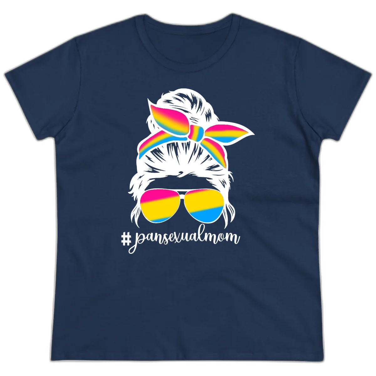 Illustrated pansexual mom pride design featuring a bearded figure with white hair wearing rainbow sunglasses and bow with #pansexualmom hashtag in Navy