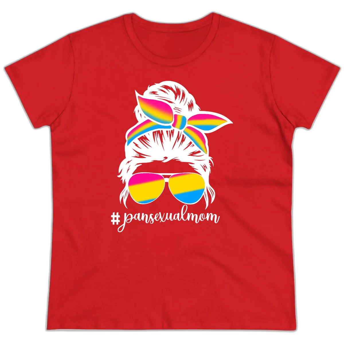 Illustrated pansexual mom pride design featuring a bearded figure with white hair wearing rainbow sunglasses and bow with #pansexualmom hashtag in Red