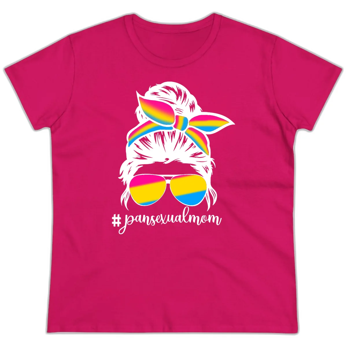 Illustrated pansexual mom pride design featuring a bearded figure with white hair wearing rainbow sunglasses and bow with #pansexualmom hashtag in Heliconia
