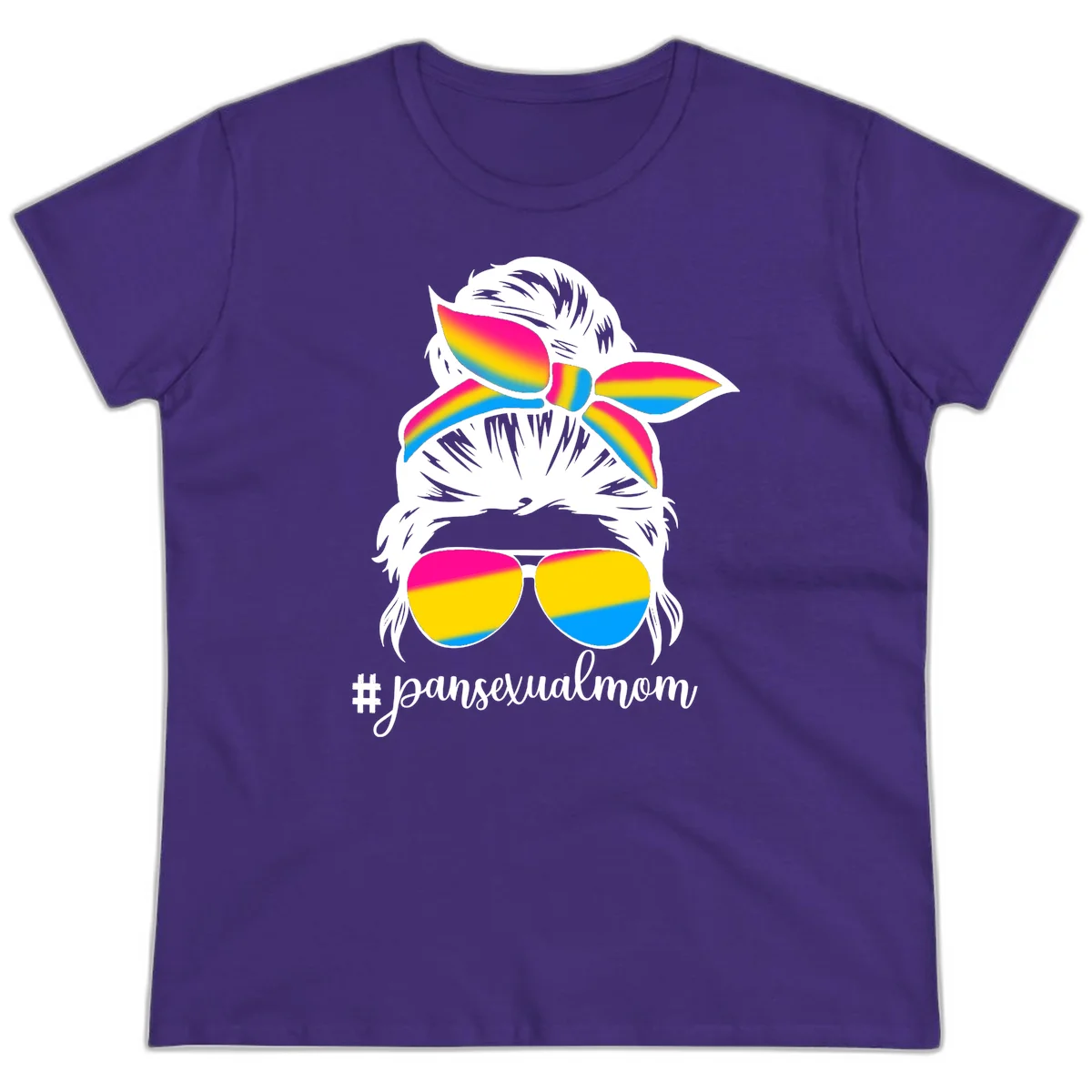 Illustrated pansexual mom pride design featuring a bearded figure with white hair wearing rainbow sunglasses and bow with #pansexualmom hashtag in Purple