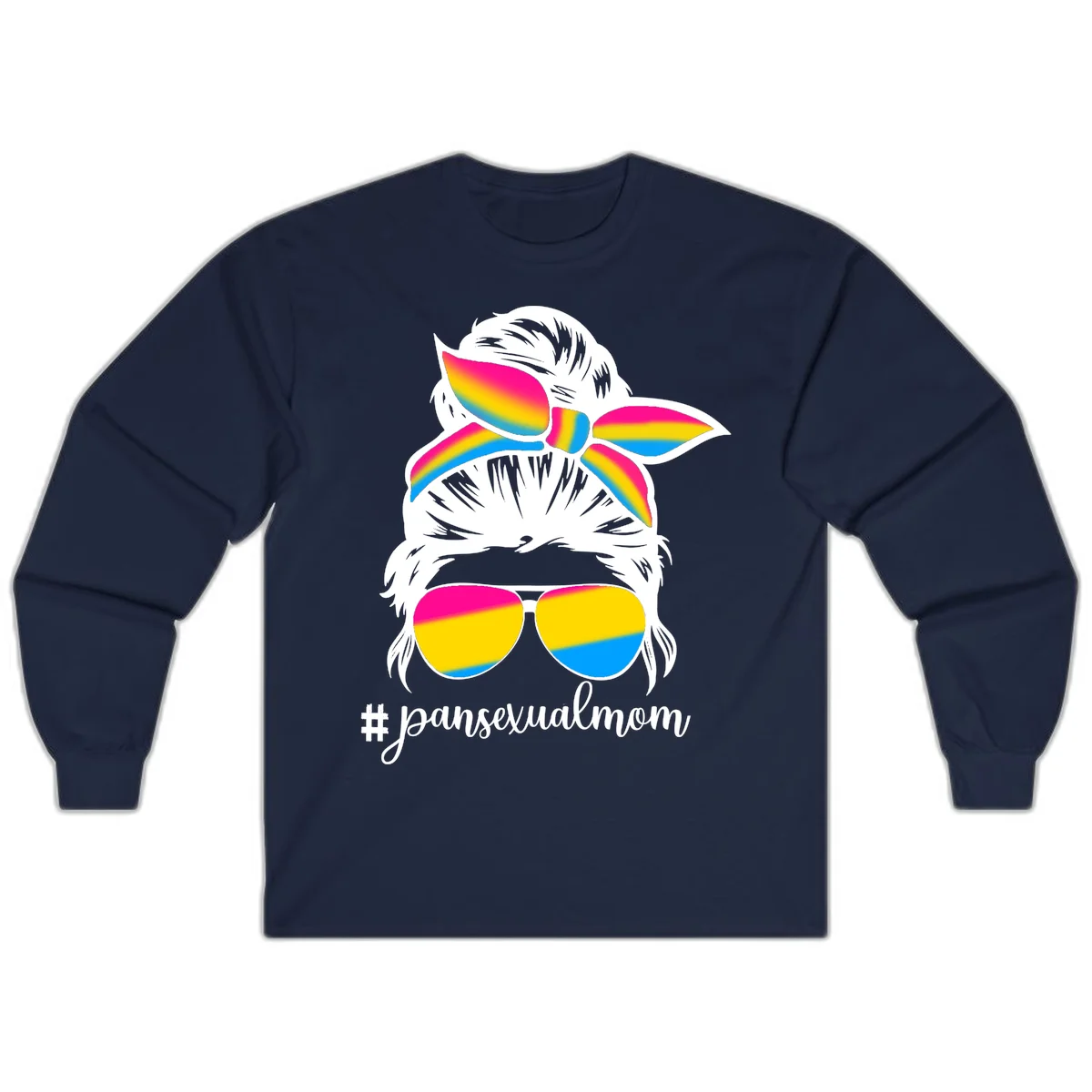 Illustrated pansexual mom pride design featuring a bearded figure with white hair wearing rainbow sunglasses and bow with #pansexualmom hashtag in Navy