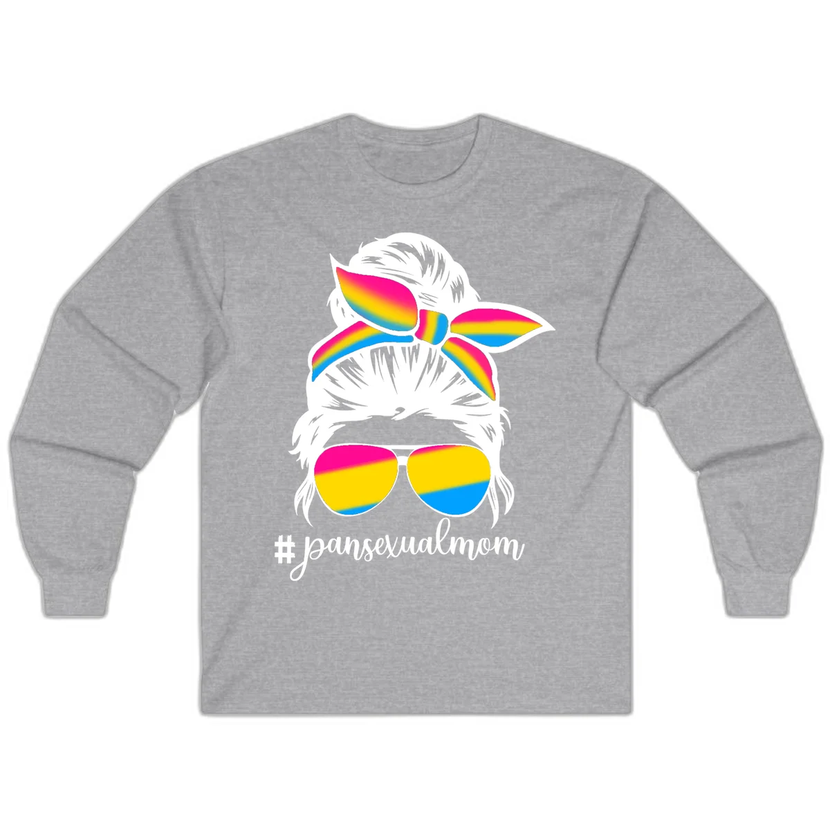 Illustrated pansexual mom pride design featuring a bearded figure with white hair wearing rainbow sunglasses and bow with #pansexualmom hashtag in Sport Grey
