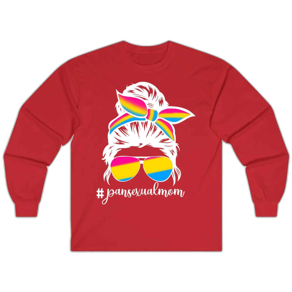 Illustrated pansexual mom pride design featuring a bearded figure with white hair wearing rainbow sunglasses and bow with #pansexualmom hashtag in Red