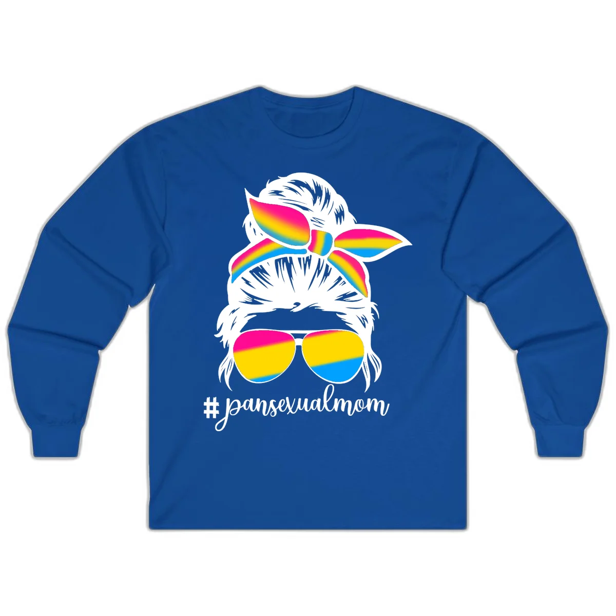 Illustrated pansexual mom pride design featuring a bearded figure with white hair wearing rainbow sunglasses and bow with #pansexualmom hashtag in Royal