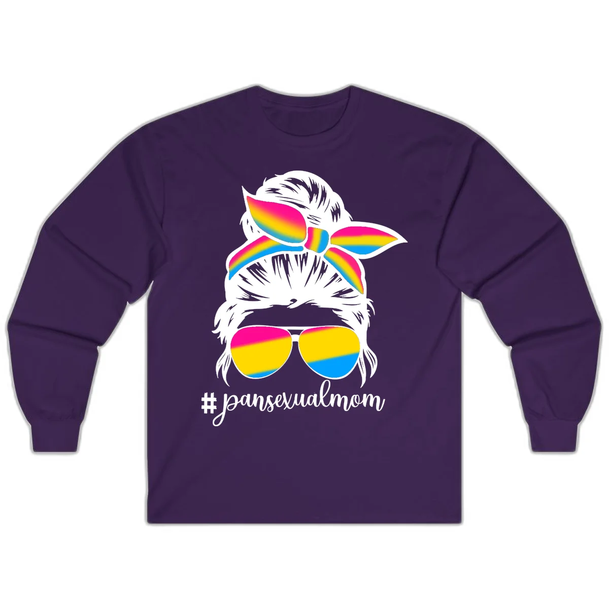 Illustrated pansexual mom pride design featuring a bearded figure with white hair wearing rainbow sunglasses and bow with #pansexualmom hashtag in Purple