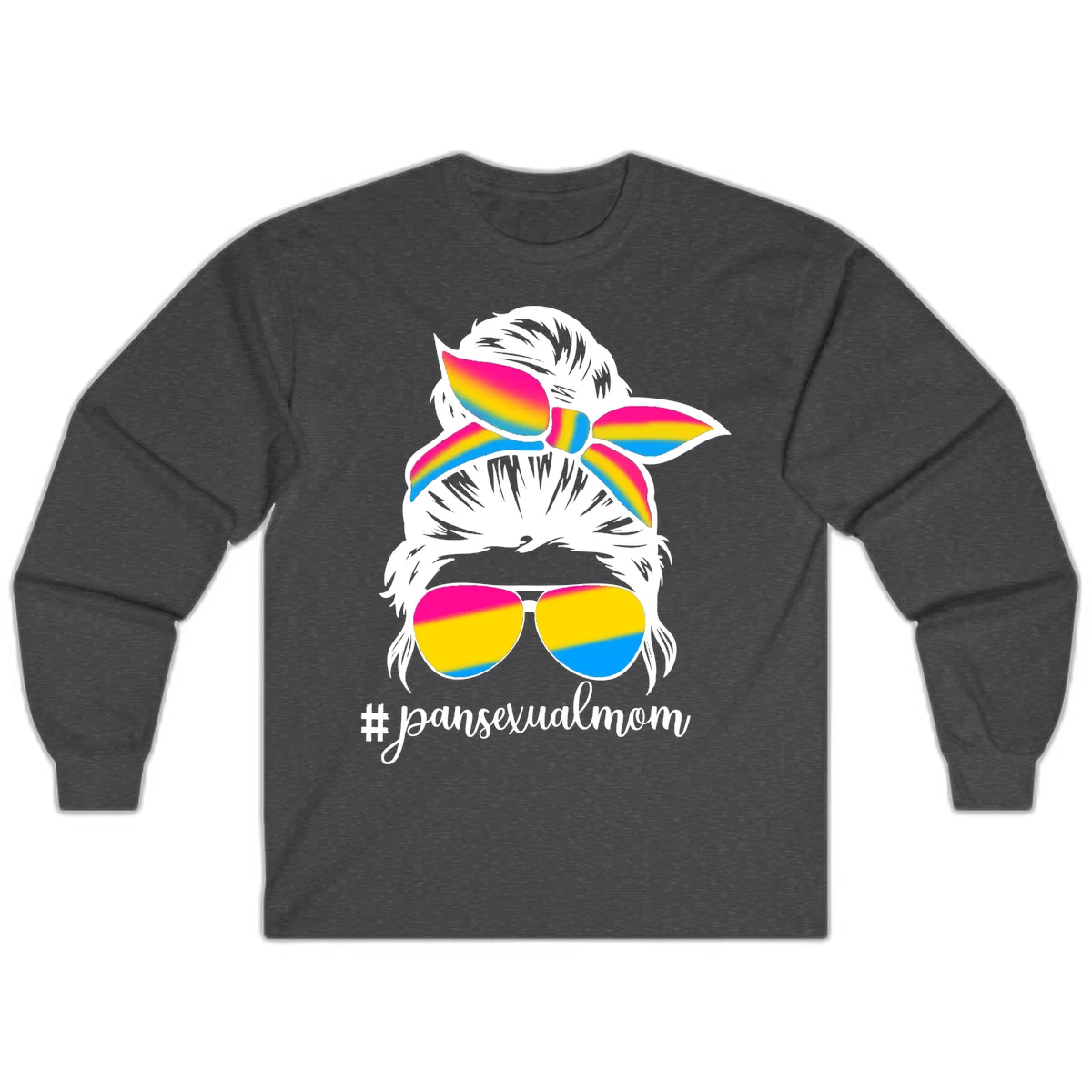 Illustrated pansexual mom pride design featuring a bearded figure with white hair wearing rainbow sunglasses and bow with #pansexualmom hashtag in Dark Heather