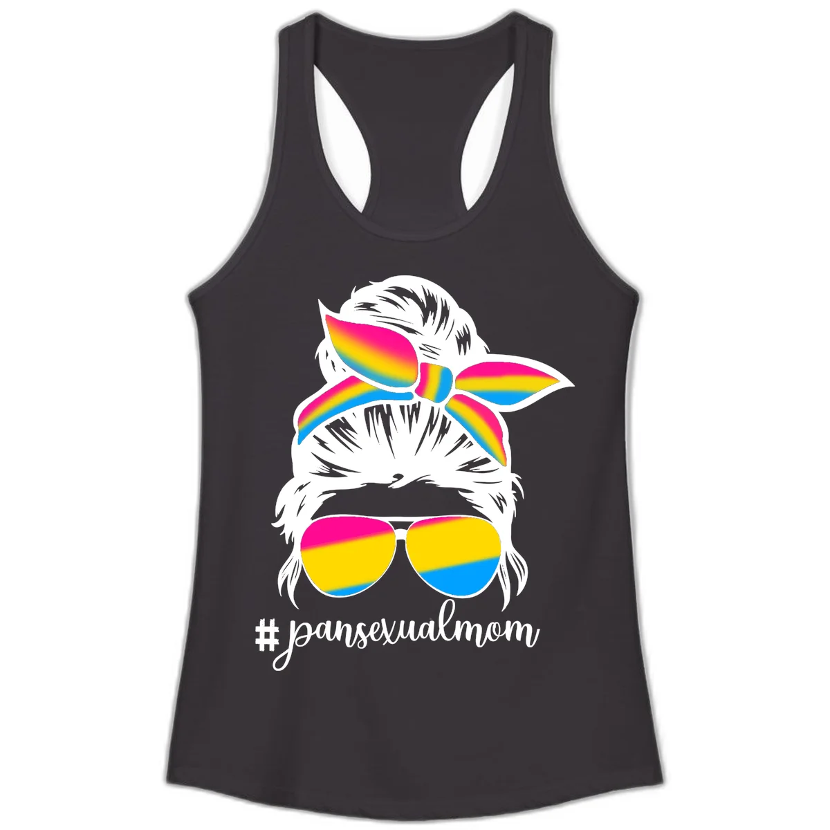 Illustrated pansexual mom pride design featuring a bearded figure with white hair wearing rainbow sunglasses and bow with #pansexualmom hashtag in Black