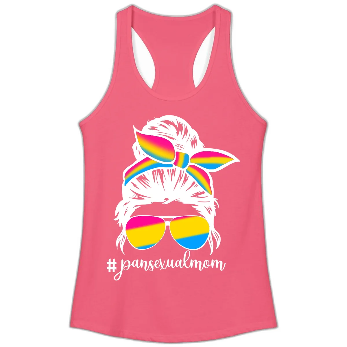 Illustrated pansexual mom pride design featuring a bearded figure with white hair wearing rainbow sunglasses and bow with #pansexualmom hashtag in Hot Pink