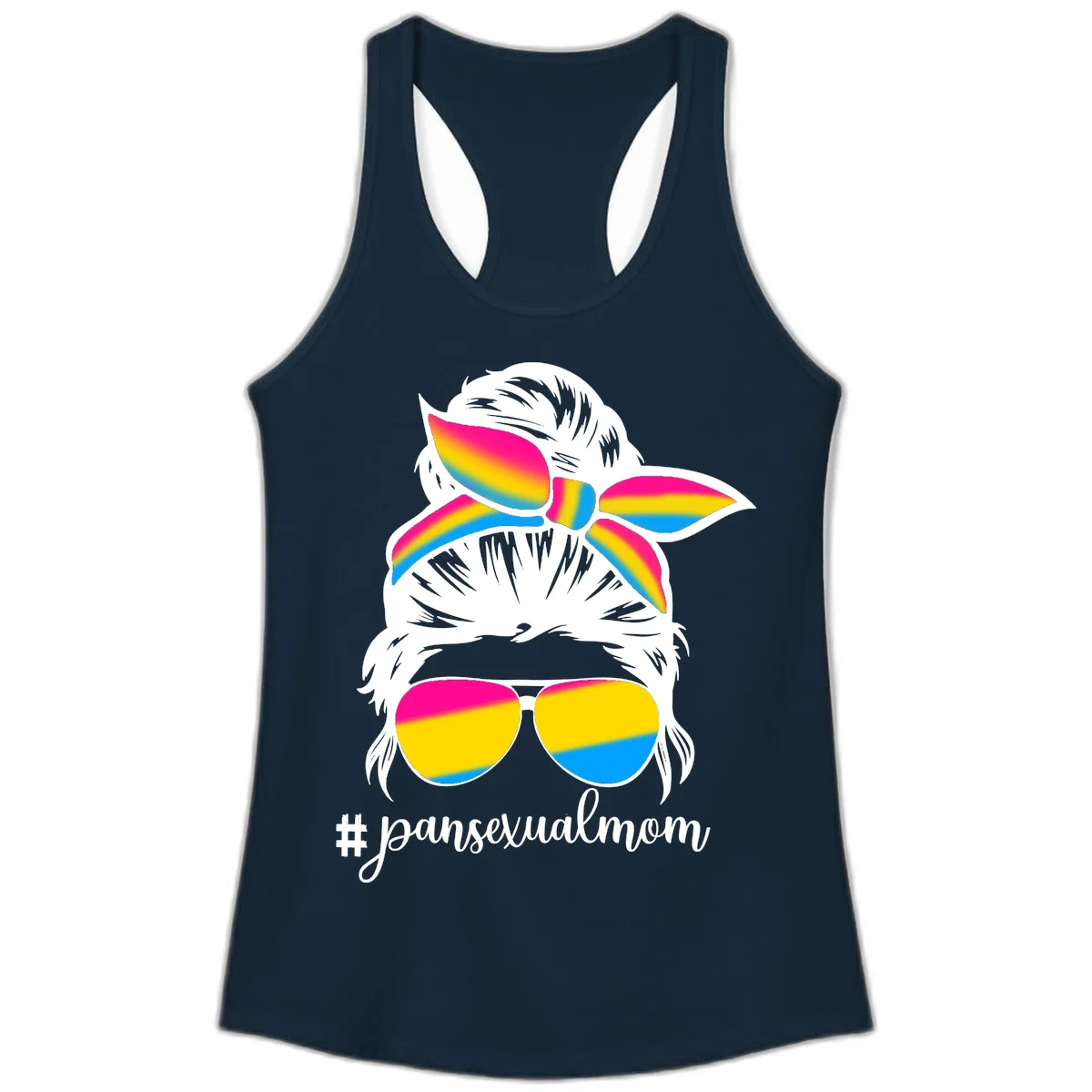 Illustrated pansexual mom pride design featuring a bearded figure with white hair wearing rainbow sunglasses and bow with #pansexualmom hashtag in Solid Midnight Navy