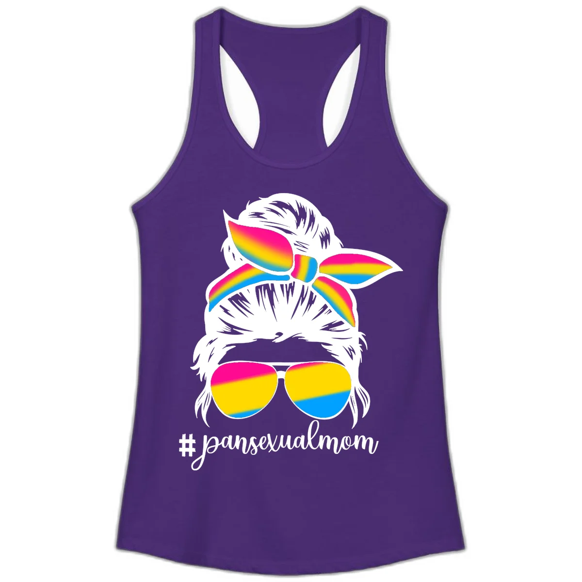 Illustrated pansexual mom pride design featuring a bearded figure with white hair wearing rainbow sunglasses and bow with #pansexualmom hashtag in Solid Purple Rush