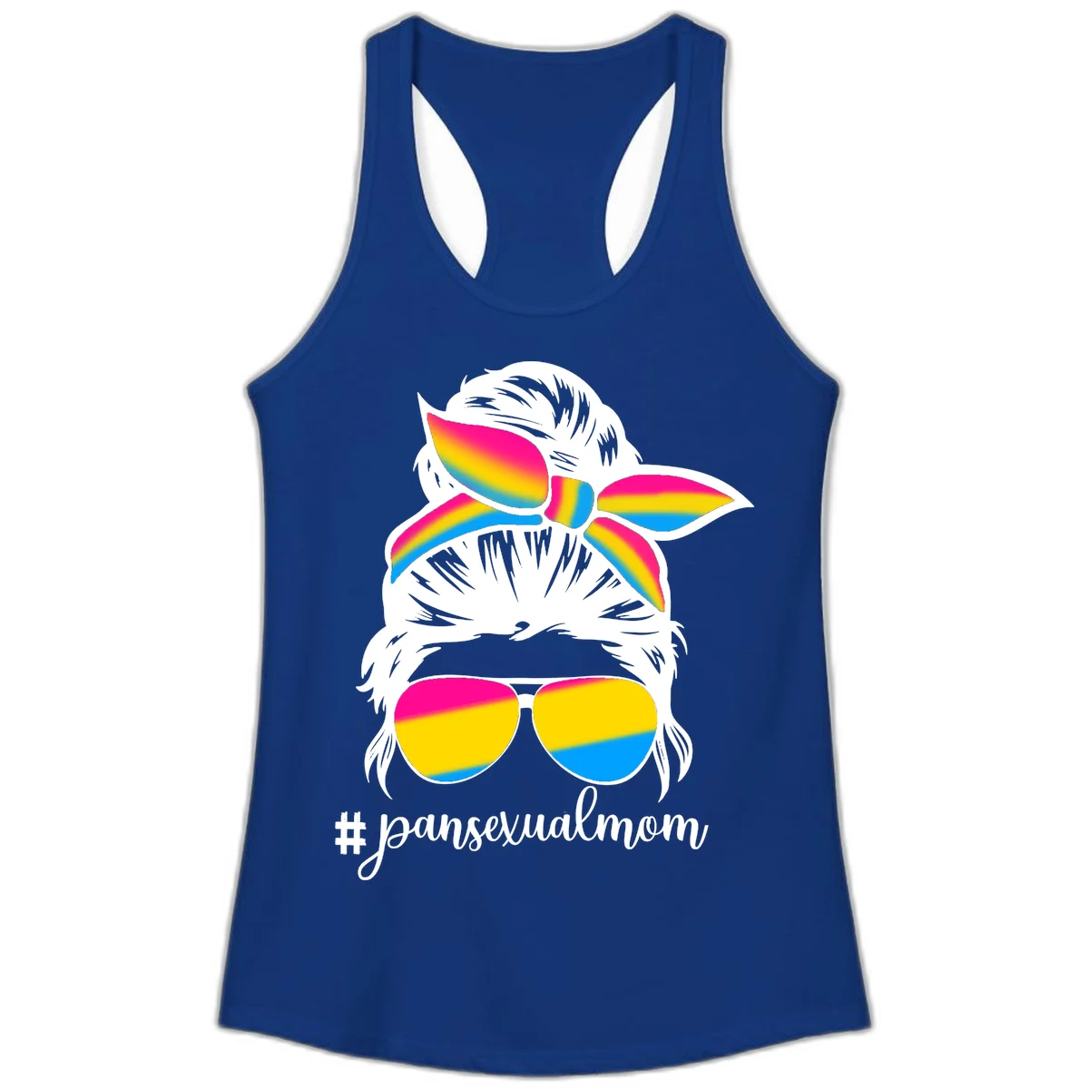 Illustrated pansexual mom pride design featuring a bearded figure with white hair wearing rainbow sunglasses and bow with #pansexualmom hashtag in Solid Royal