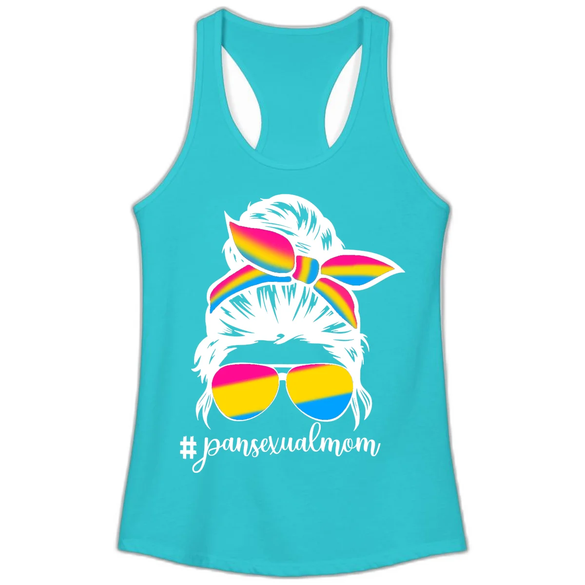 Illustrated pansexual mom pride design featuring a bearded figure with white hair wearing rainbow sunglasses and bow with #pansexualmom hashtag in Solid Tahiti Blue