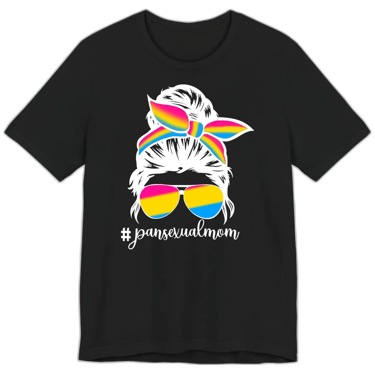 Illustrated pansexual mom pride design featuring a bearded figure with white hair wearing rainbow sunglasses and bow with #pansexualmom hashtag in Black