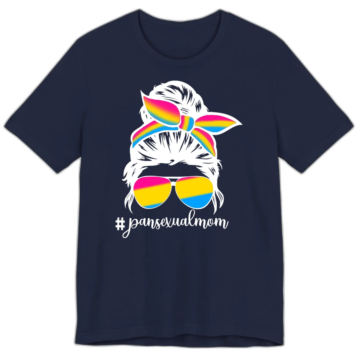 Illustrated pansexual mom pride design featuring a bearded figure with white hair wearing rainbow sunglasses and bow with #pansexualmom hashtag in Navy