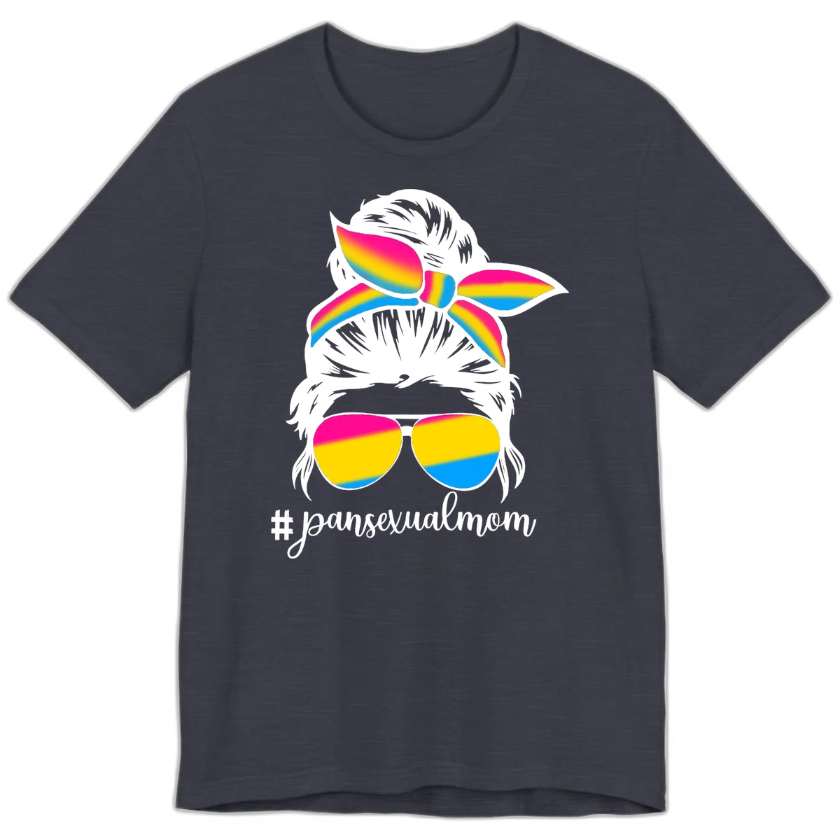 Illustrated pansexual mom pride design featuring a bearded figure with white hair wearing rainbow sunglasses and bow with #pansexualmom hashtag in Heather Midnight Navy