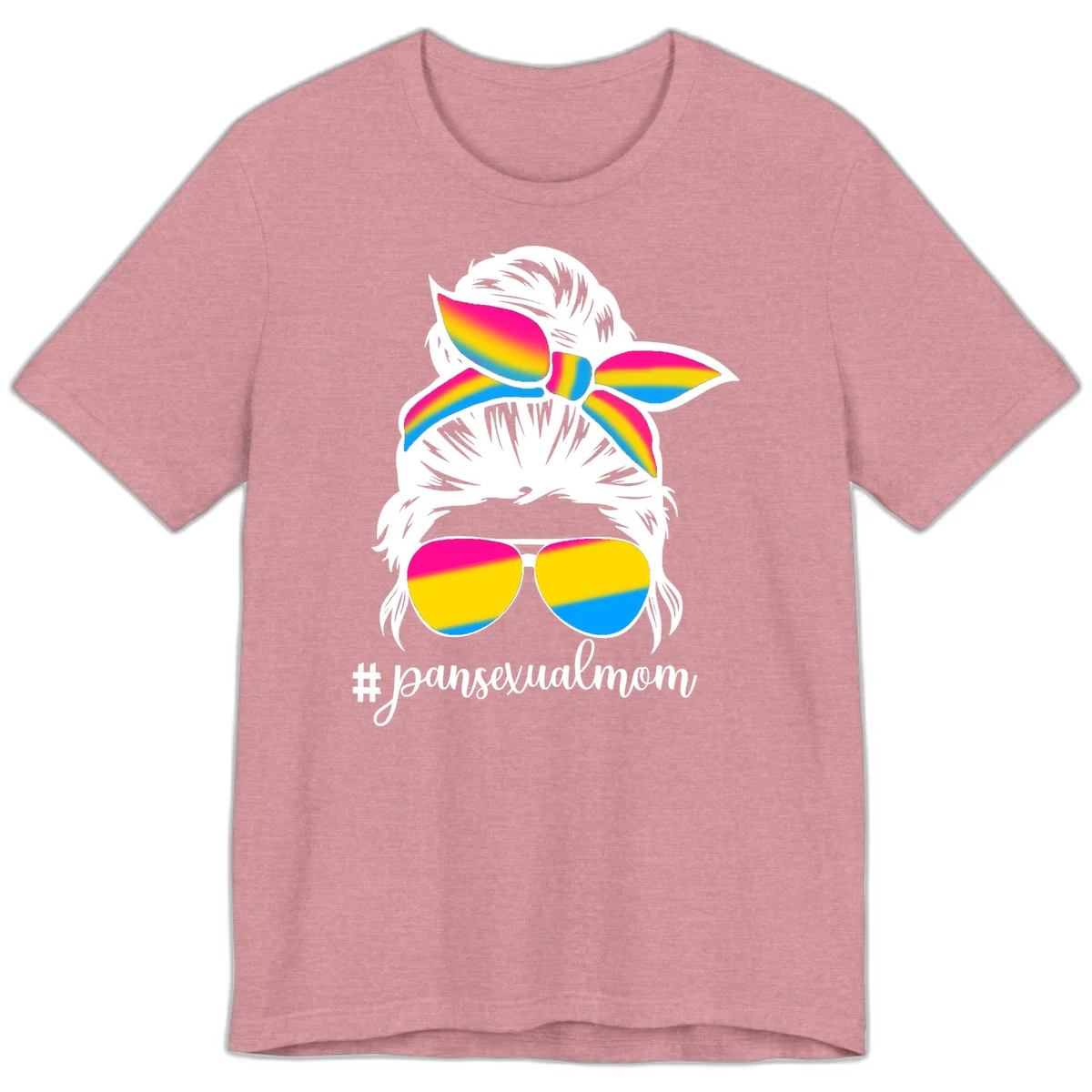 Illustrated pansexual mom pride design featuring a bearded figure with white hair wearing rainbow sunglasses and bow with #pansexualmom hashtag in Heather Orchid