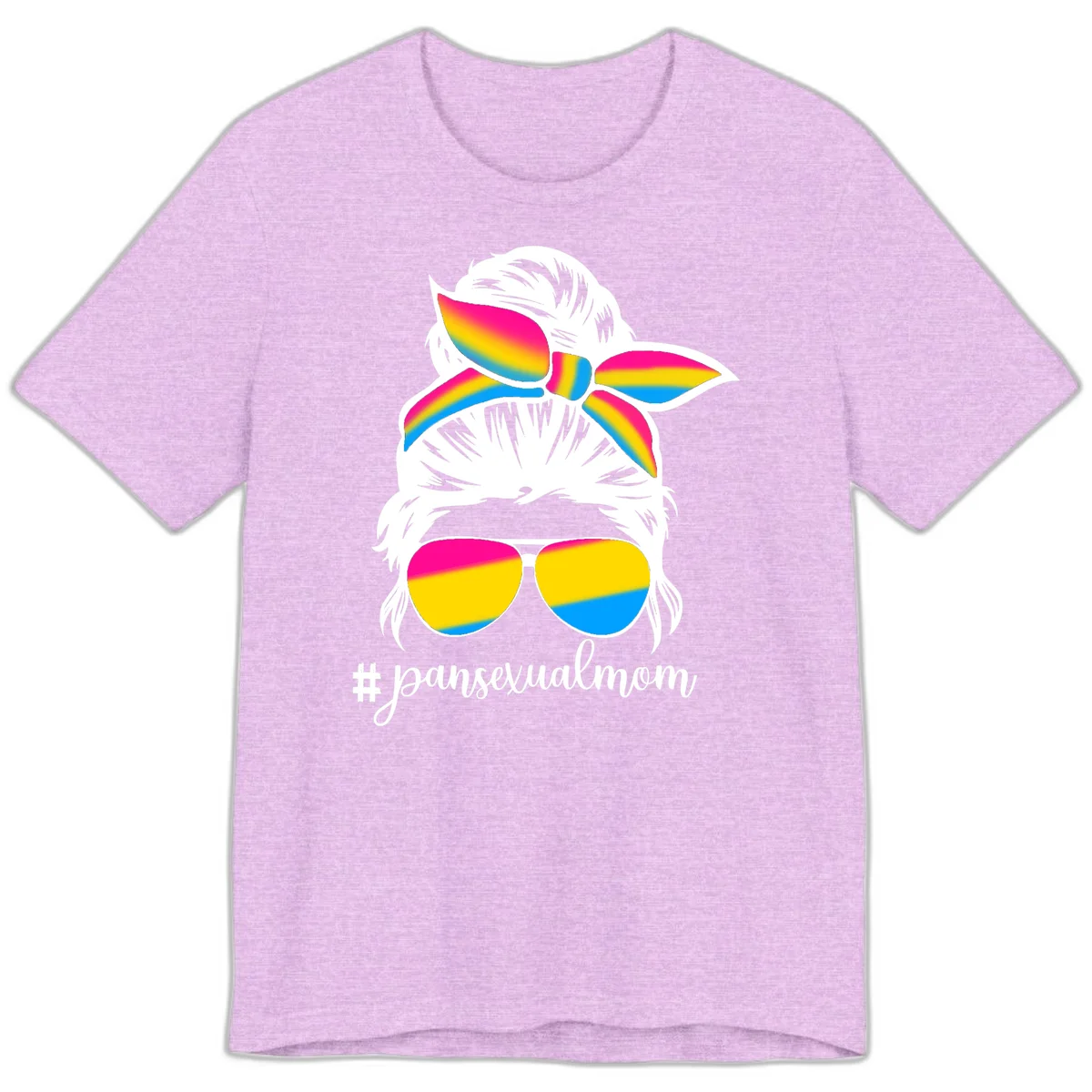 Illustrated pansexual mom pride design featuring a bearded figure with white hair wearing rainbow sunglasses and bow with #pansexualmom hashtag in Heather Prism Lilac