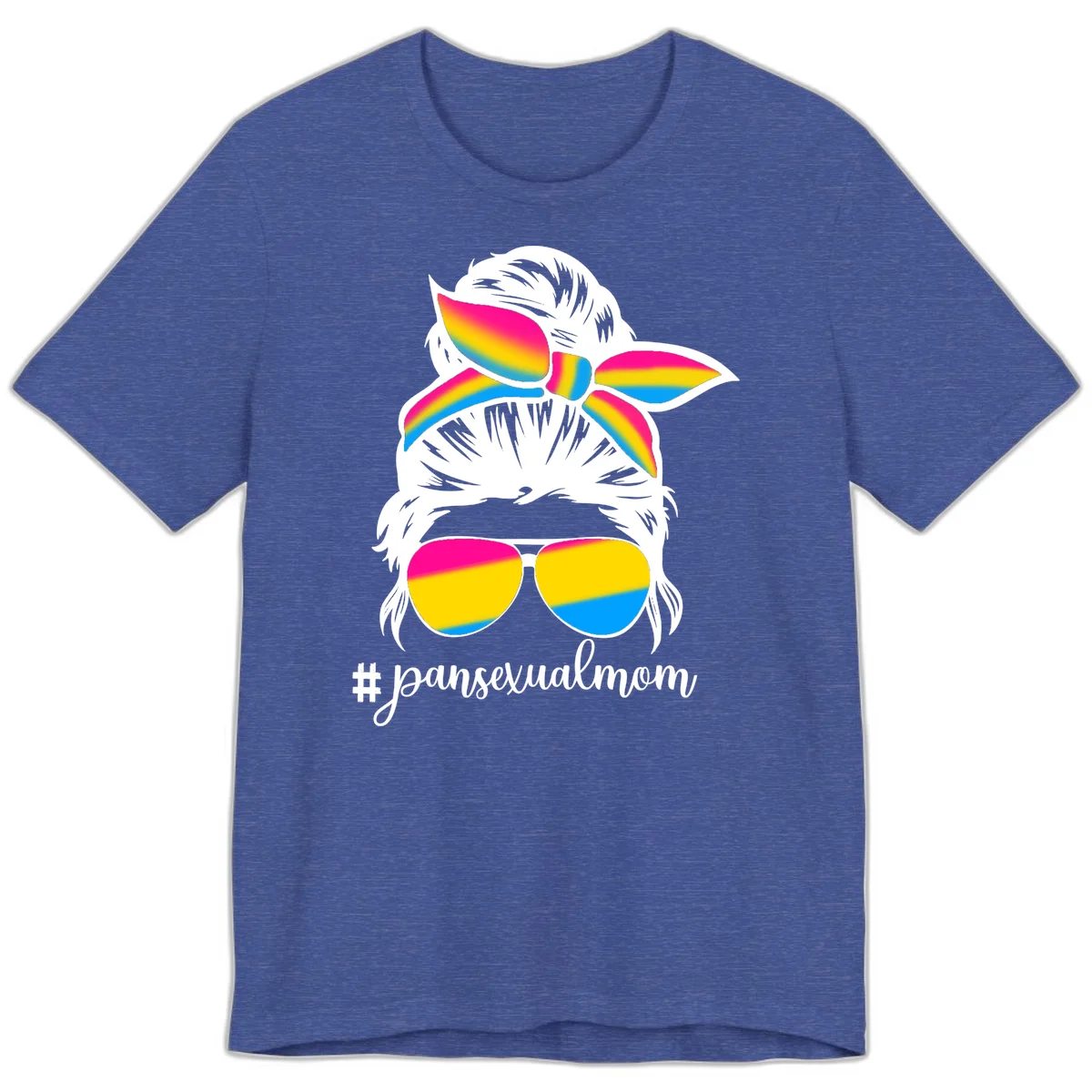 Illustrated pansexual mom pride design featuring a bearded figure with white hair wearing rainbow sunglasses and bow with #pansexualmom hashtag in Heather True Royal