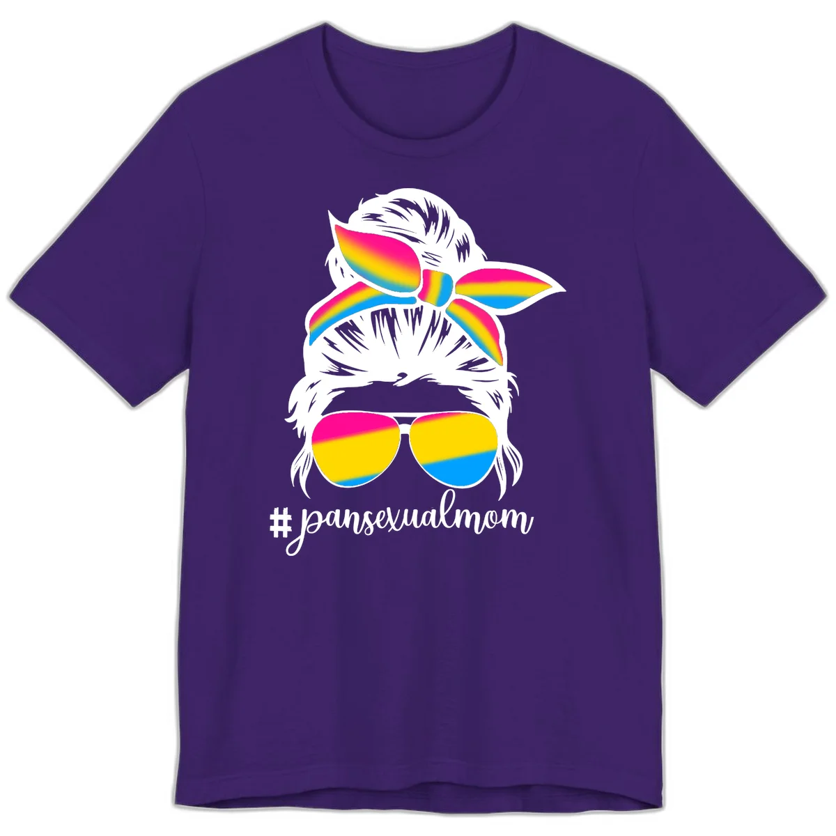 Illustrated pansexual mom pride design featuring a bearded figure with white hair wearing rainbow sunglasses and bow with #pansexualmom hashtag in Team Purple