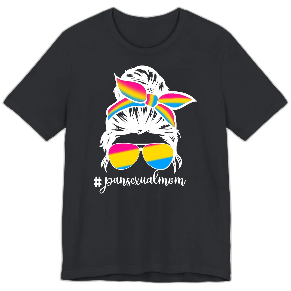 Illustrated pansexual mom pride design featuring a bearded figure with white hair wearing rainbow sunglasses and bow with #pansexualmom hashtag in Vintage Black