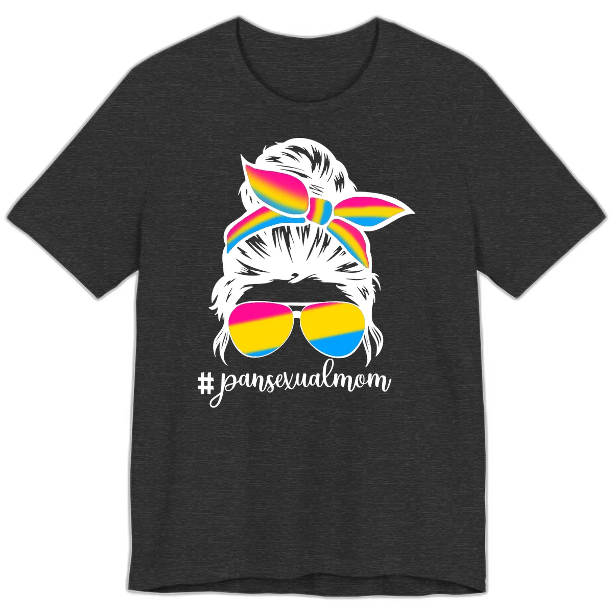 Illustrated pansexual mom pride design featuring a bearded figure with white hair wearing rainbow sunglasses and bow with #pansexualmom hashtag in Dark Grey Heather