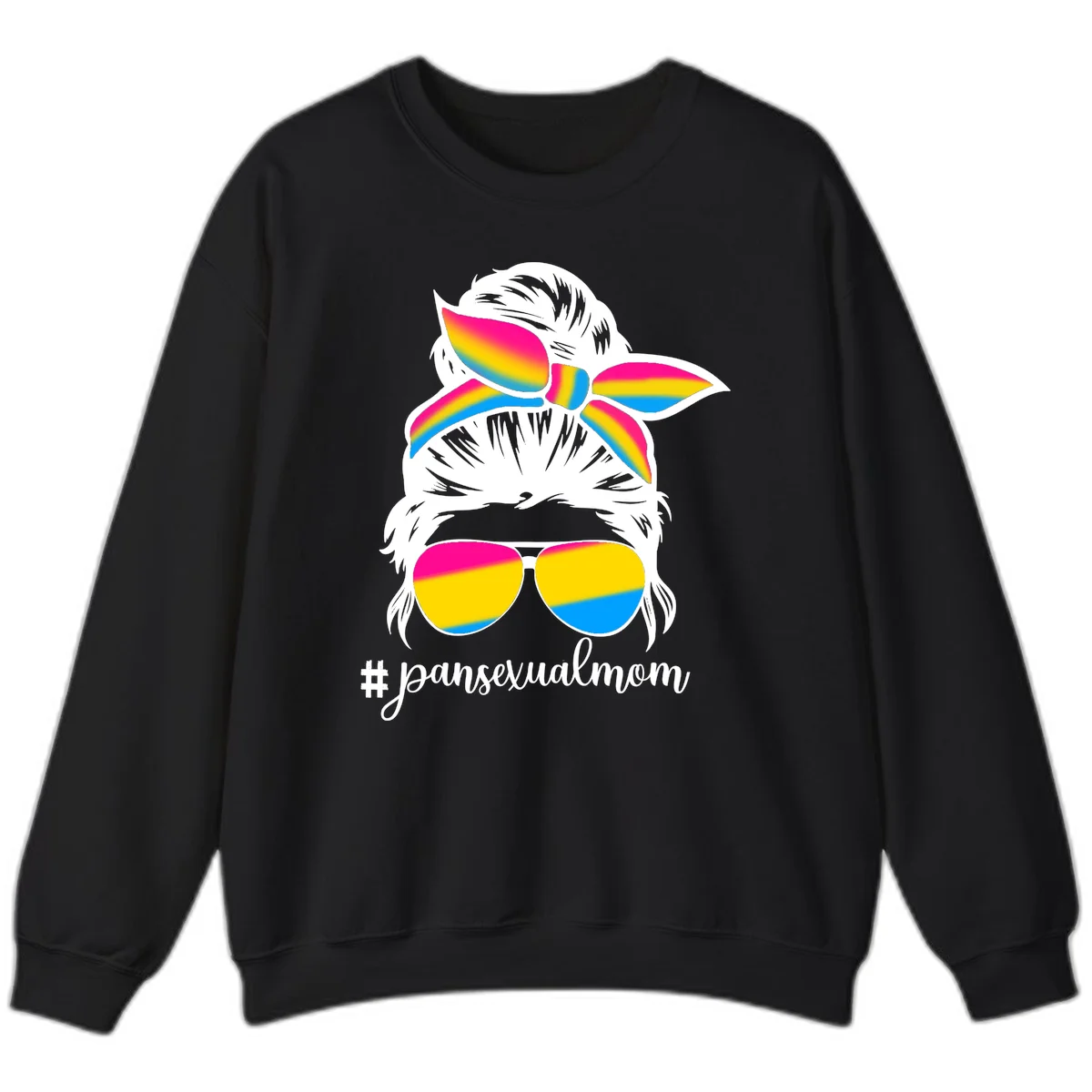 Illustrated pansexual mom pride design featuring a bearded figure with white hair wearing rainbow sunglasses and bow with #pansexualmom hashtag in Black
