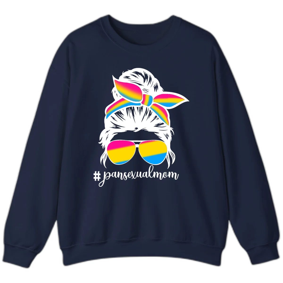 Illustrated pansexual mom pride design featuring a bearded figure with white hair wearing rainbow sunglasses and bow with #pansexualmom hashtag in Navy