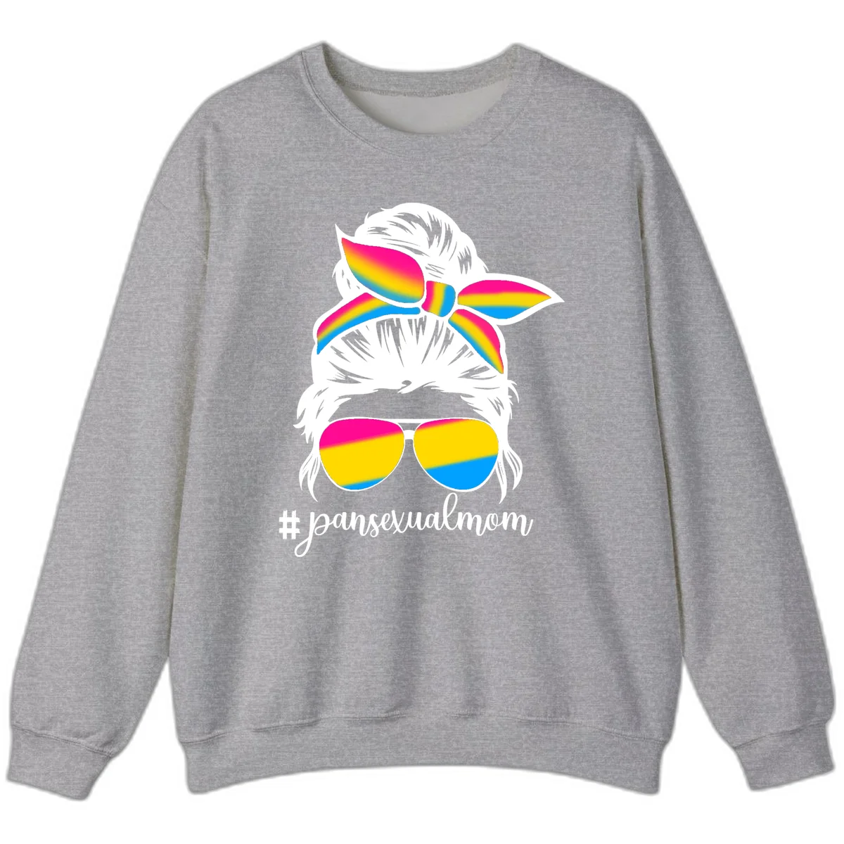 Illustrated pansexual mom pride design featuring a bearded figure with white hair wearing rainbow sunglasses and bow with #pansexualmom hashtag in Sport Grey