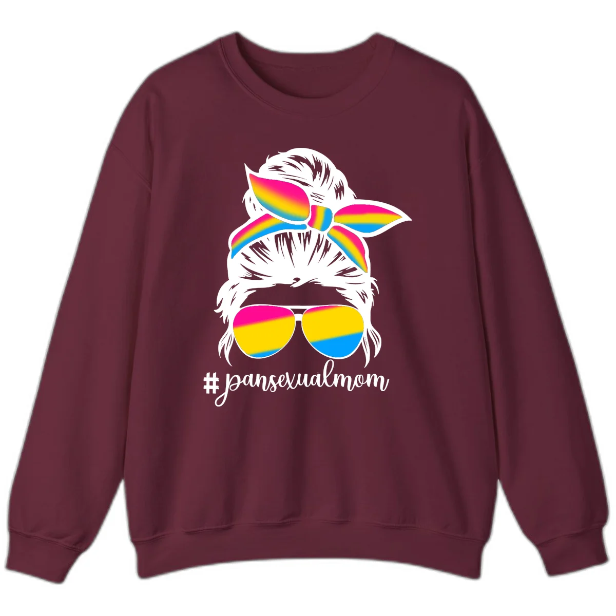 Illustrated pansexual mom pride design featuring a bearded figure with white hair wearing rainbow sunglasses and bow with #pansexualmom hashtag in Maroon