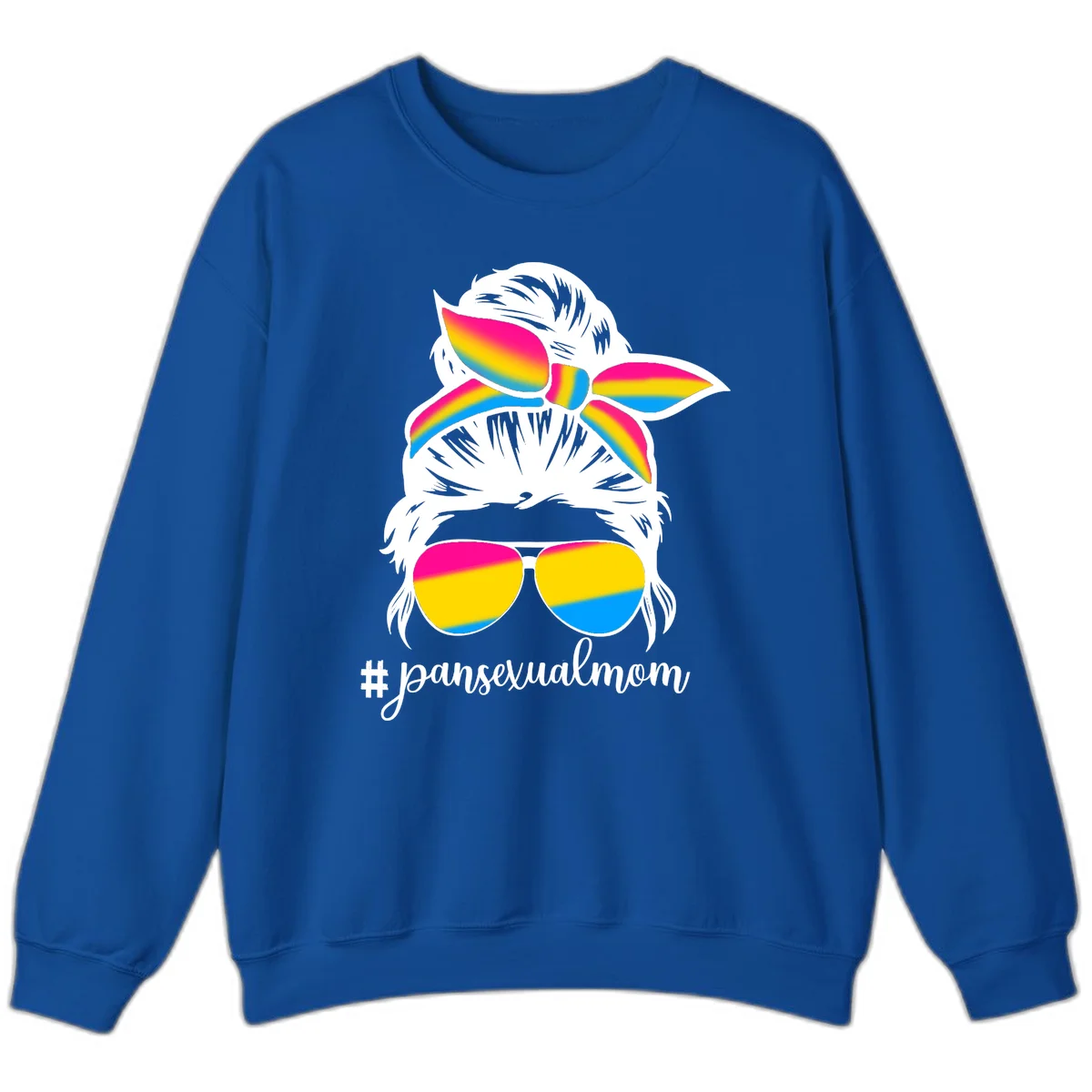 Illustrated pansexual mom pride design featuring a bearded figure with white hair wearing rainbow sunglasses and bow with #pansexualmom hashtag in Royal
