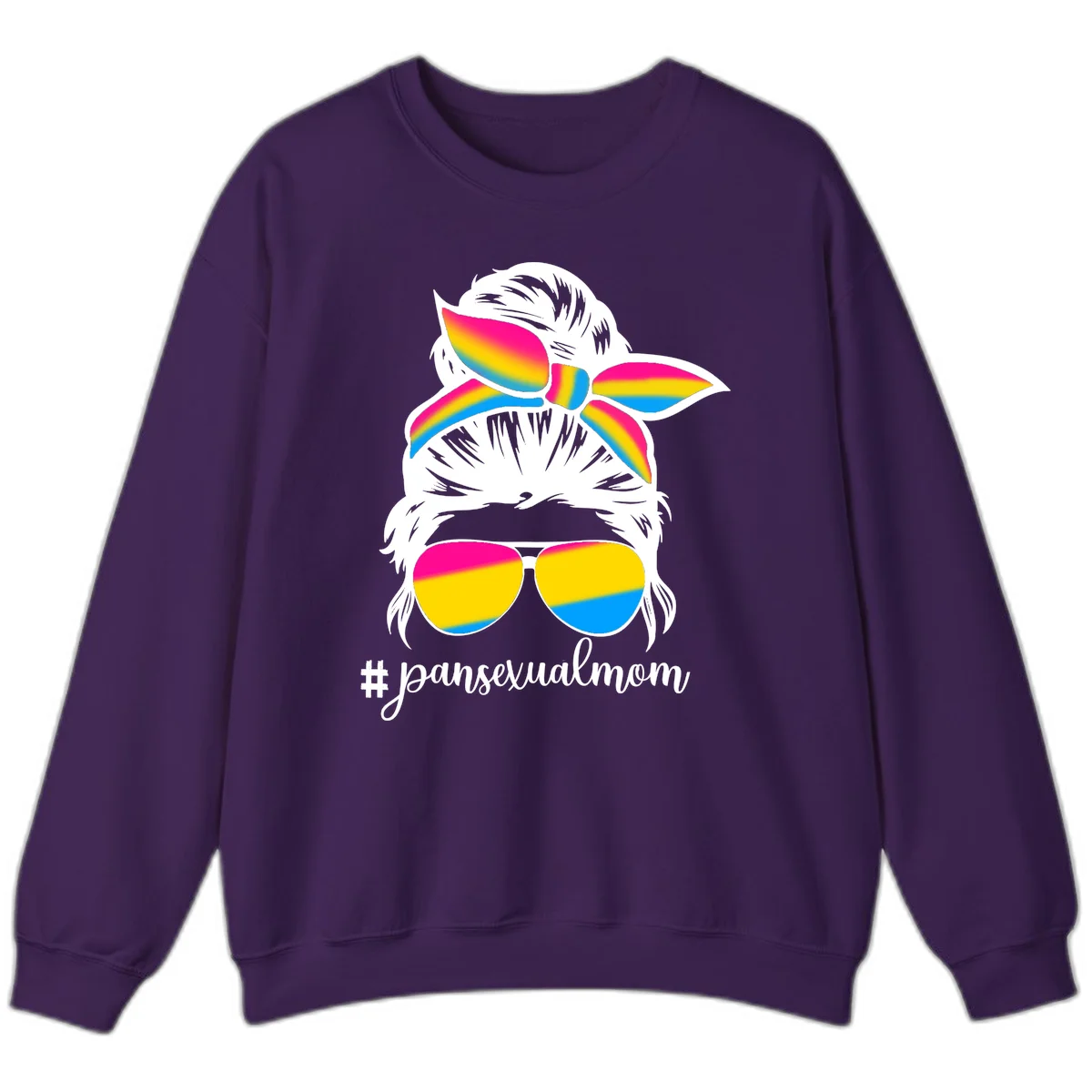 Illustrated pansexual mom pride design featuring a bearded figure with white hair wearing rainbow sunglasses and bow with #pansexualmom hashtag in Purple