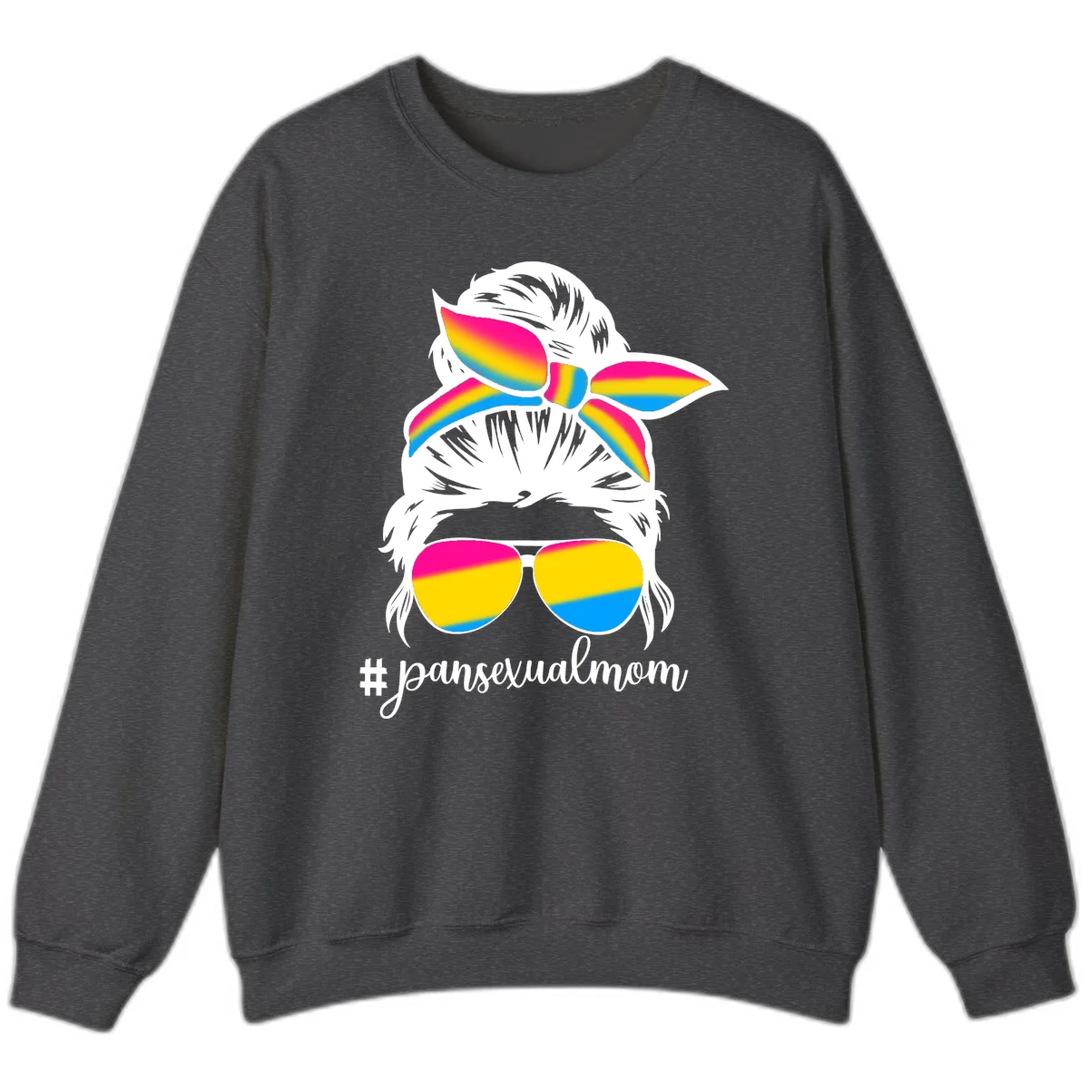 Illustrated pansexual mom pride design featuring a bearded figure with white hair wearing rainbow sunglasses and bow with #pansexualmom hashtag in Dark Heather