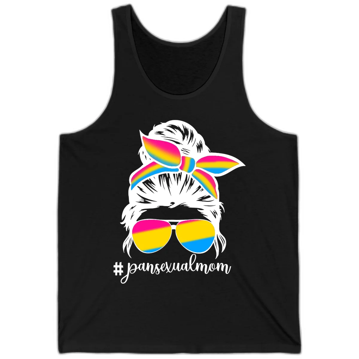 Illustrated pansexual mom pride design featuring a bearded figure with white hair wearing rainbow sunglasses and bow with #pansexualmom hashtag in Black