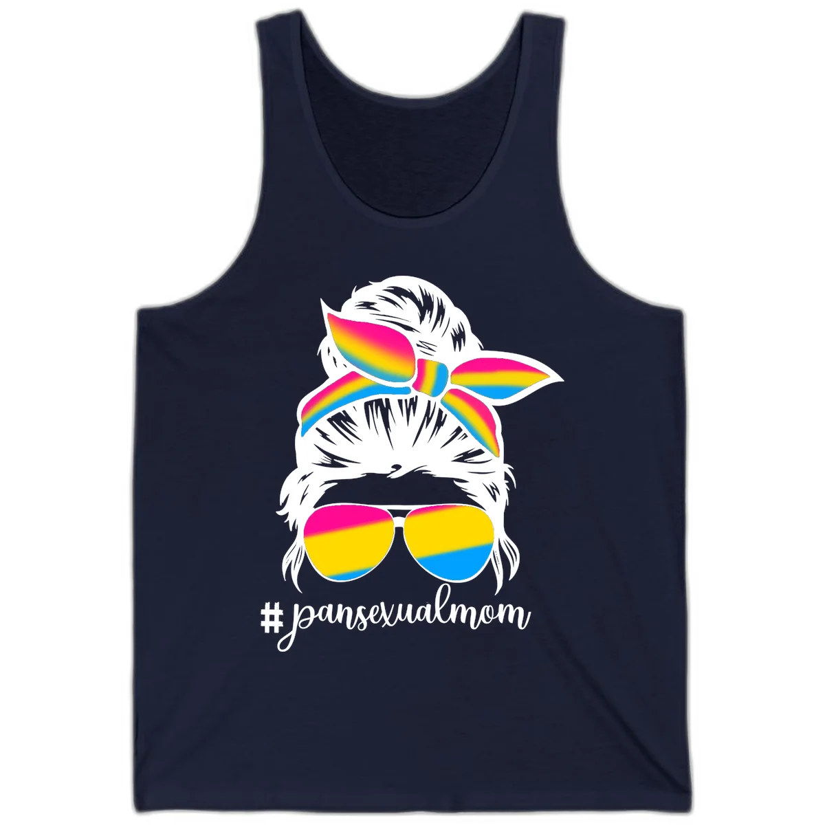 Illustrated pansexual mom pride design featuring a bearded figure with white hair wearing rainbow sunglasses and bow with #pansexualmom hashtag in Navy