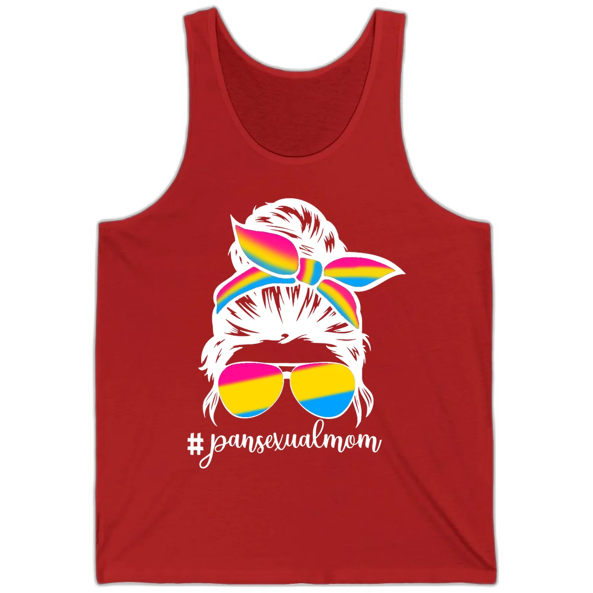 Illustrated pansexual mom pride design featuring a bearded figure with white hair wearing rainbow sunglasses and bow with #pansexualmom hashtag in Red