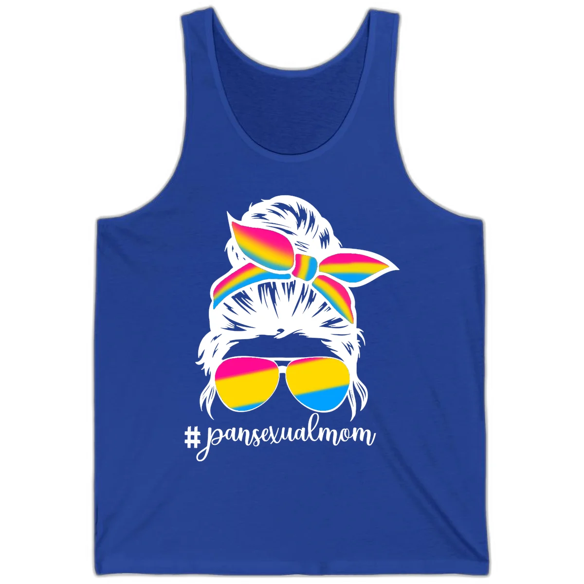 Illustrated pansexual mom pride design featuring a bearded figure with white hair wearing rainbow sunglasses and bow with #pansexualmom hashtag in True Royal
