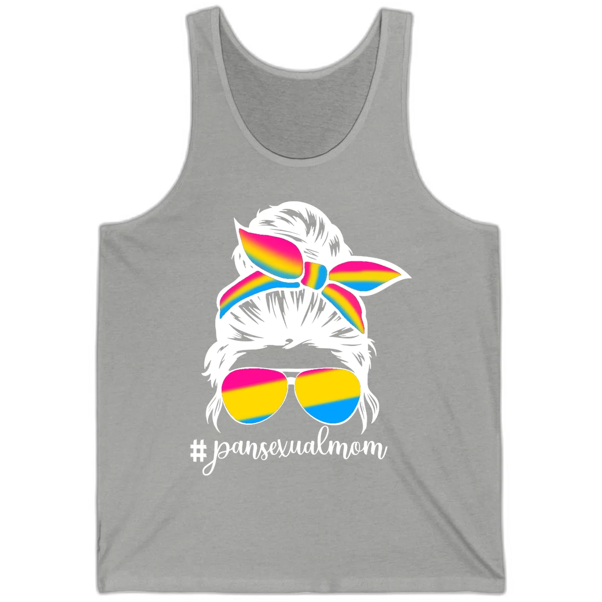 Illustrated pansexual mom pride design featuring a bearded figure with white hair wearing rainbow sunglasses and bow with #pansexualmom hashtag in Athletic Heather