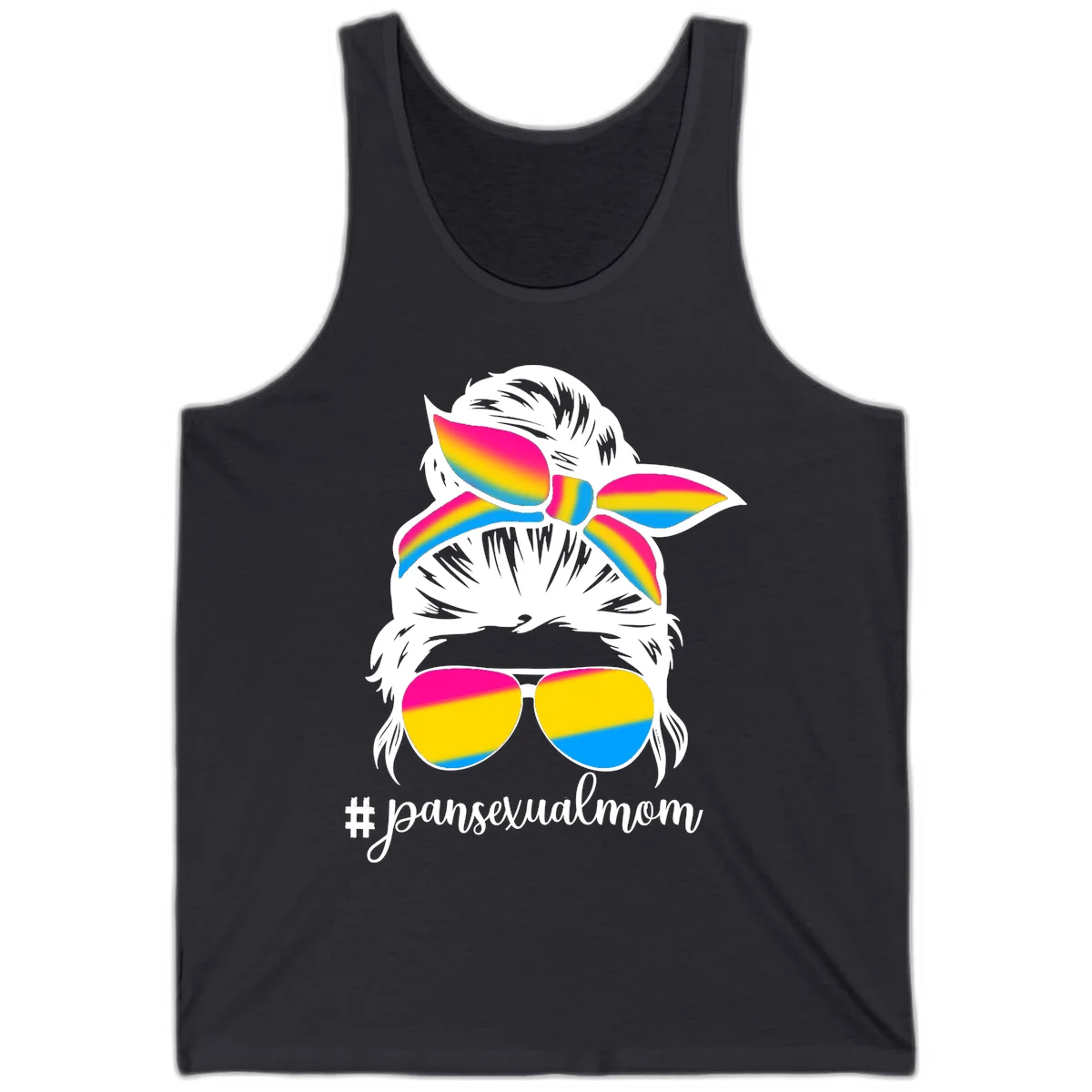Illustrated pansexual mom pride design featuring a bearded figure with white hair wearing rainbow sunglasses and bow with #pansexualmom hashtag in Dark Grey