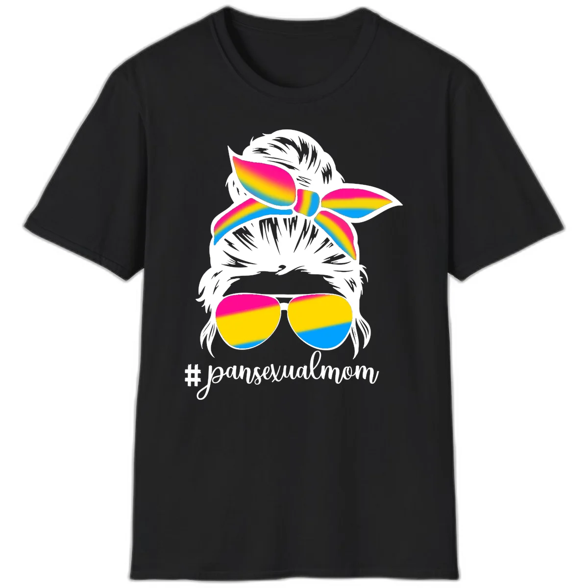 Illustrated pansexual mom pride design featuring a bearded figure with white hair wearing rainbow sunglasses and bow with #pansexualmom hashtag in Black