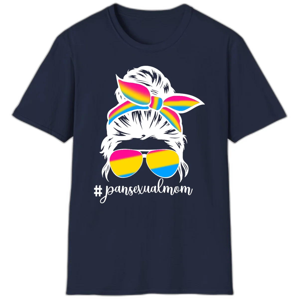 Illustrated pansexual mom pride design featuring a bearded figure with white hair wearing rainbow sunglasses and bow with #pansexualmom hashtag in Navy