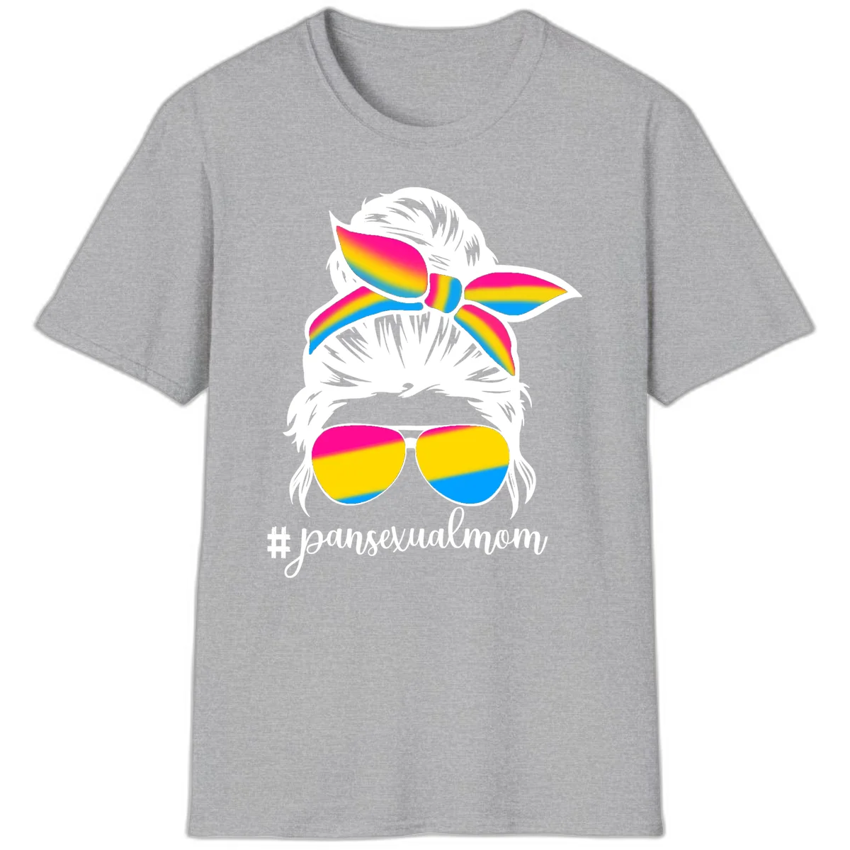 Illustrated pansexual mom pride design featuring a bearded figure with white hair wearing rainbow sunglasses and bow with #pansexualmom hashtag in Sport Grey