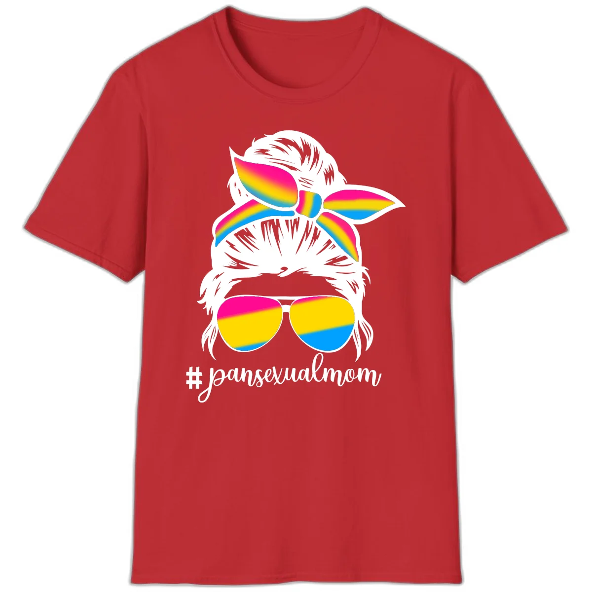 Illustrated pansexual mom pride design featuring a bearded figure with white hair wearing rainbow sunglasses and bow with #pansexualmom hashtag in Red