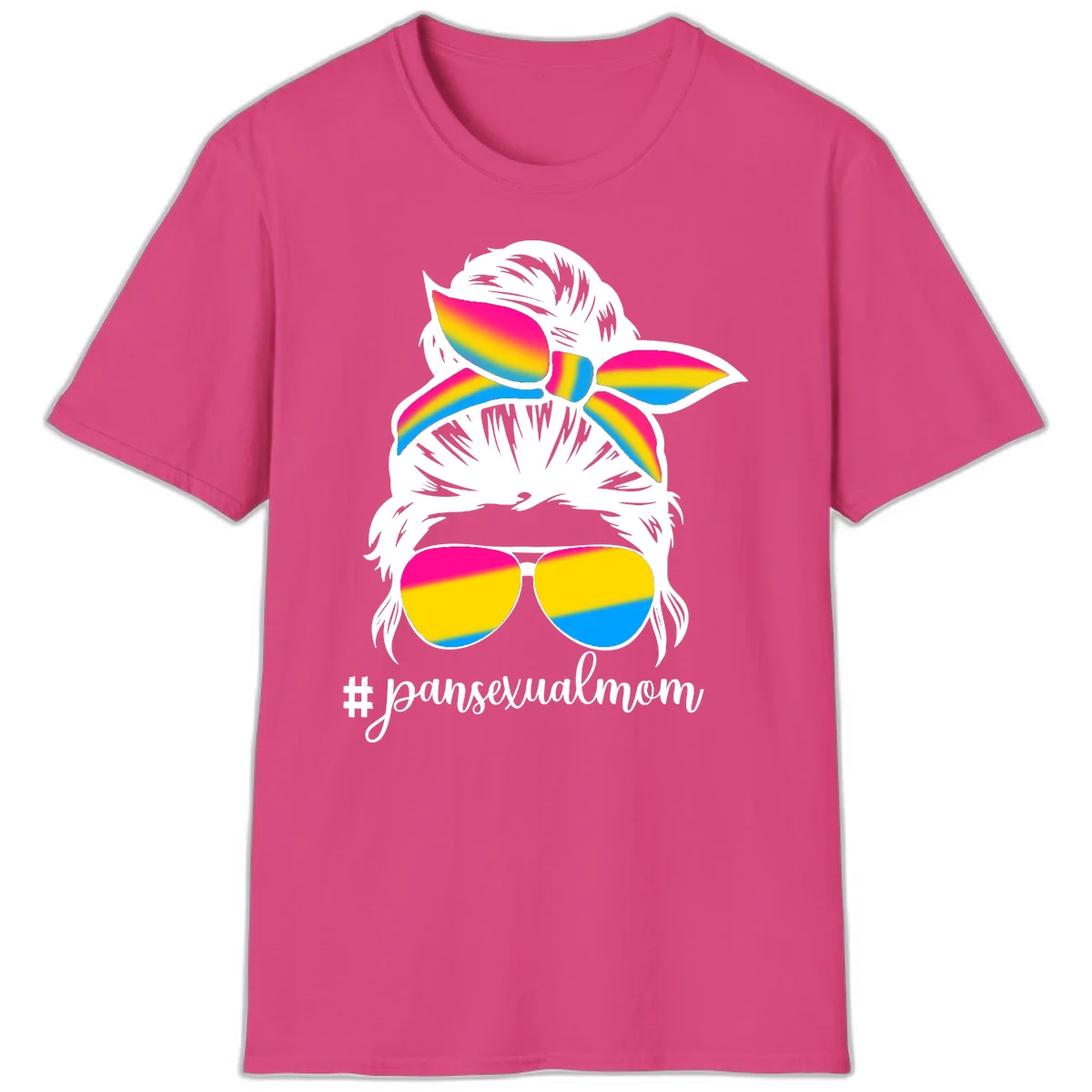 Illustrated pansexual mom pride design featuring a bearded figure with white hair wearing rainbow sunglasses and bow with #pansexualmom hashtag in Heliconia